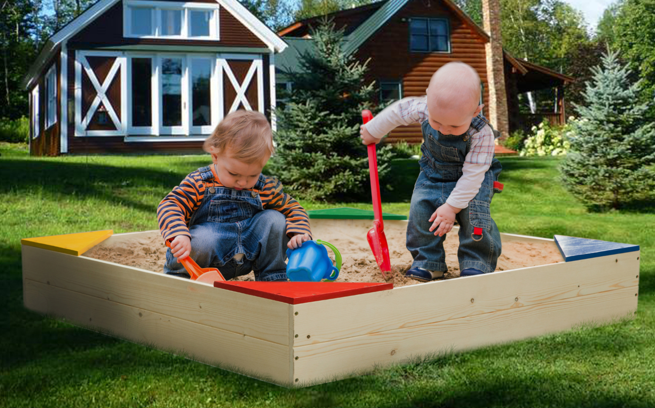 Outdoor Wooden Sand Box with Floor Cover and Waterproof Protection Cover, Square Sandpit for Kids